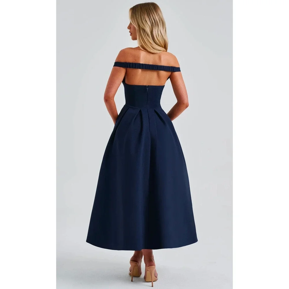 Babyboo Lanetta Midi Dress Navy Plunge Neck Pleated Formal Size S NWT